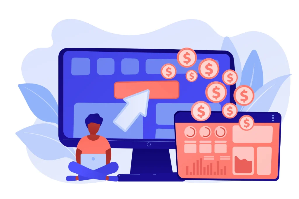 Ilustração de um monitor de computador e um smartphone exibindo gráficos e dados financeiros, com moedas de dinheiro digital caindo, simbolizando a mensuração eficaz de ROI em campanhas de mídia paga.