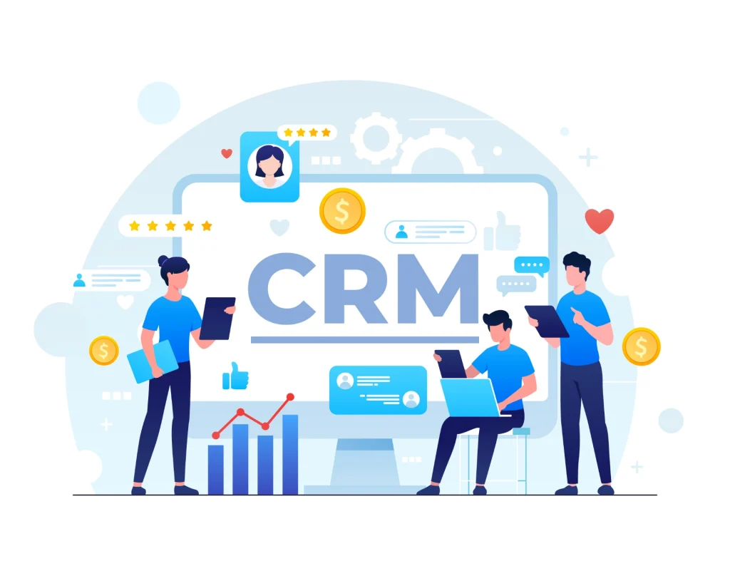 Ilustração de profissionais usando CRM em diferentes dispositivos, destacando diferenças entre CRM para pequenas e grandes empresas e sua importância na gestão de clientes.