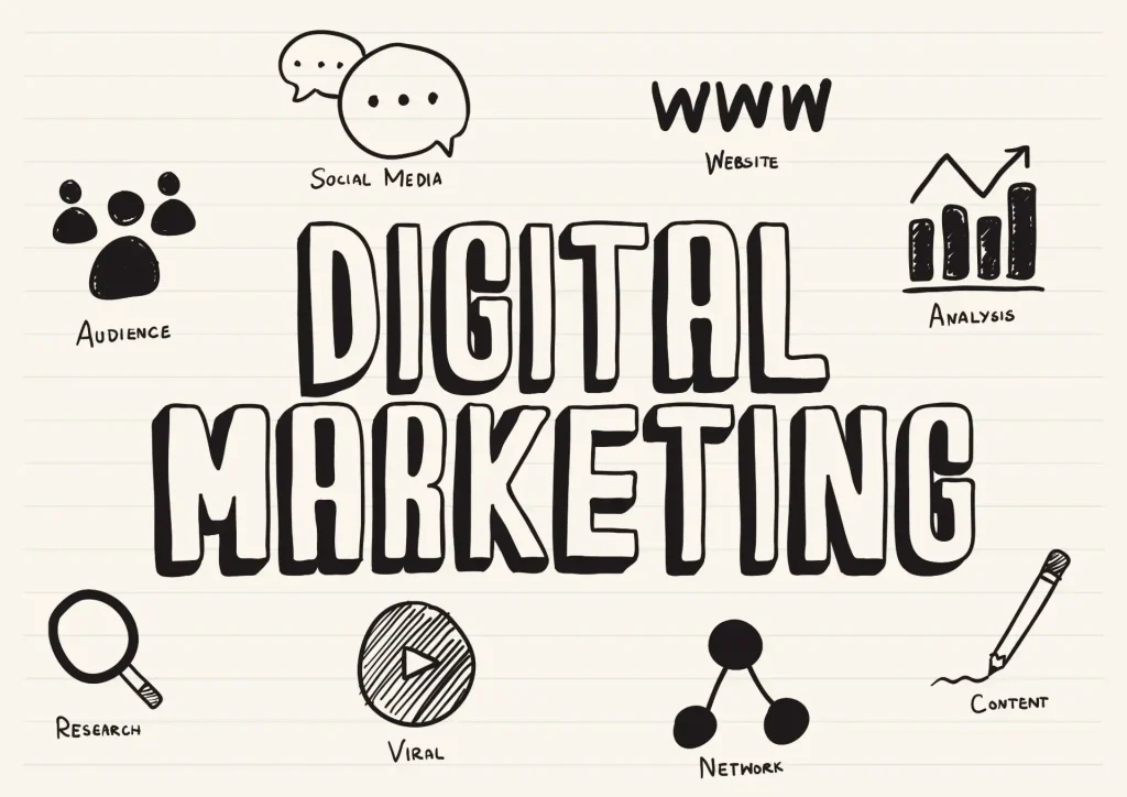 Ilustração de marketing digital em 2026 com elementos como mídia social, website, análise de dados, pesquisa, conteúdo, rede e conteúdo viral, destacando tendências do mercado.