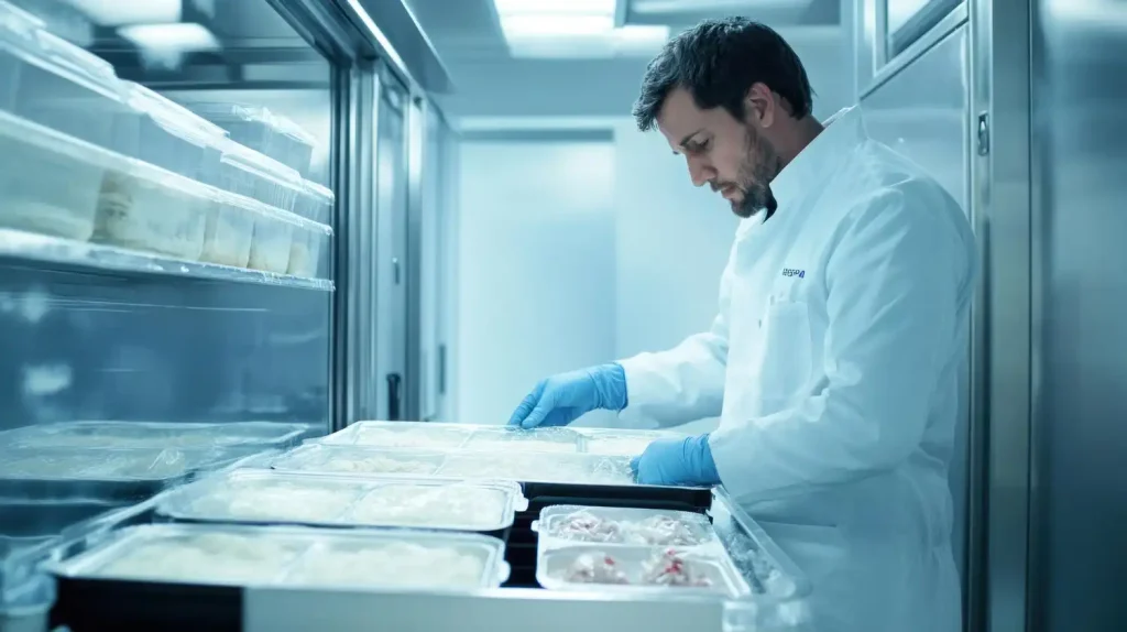 Profissional de segurança alimentícia verificando alimentos em câmara fria industrial, ambiente com temperaturas extremamente baixas que congelam tudo.