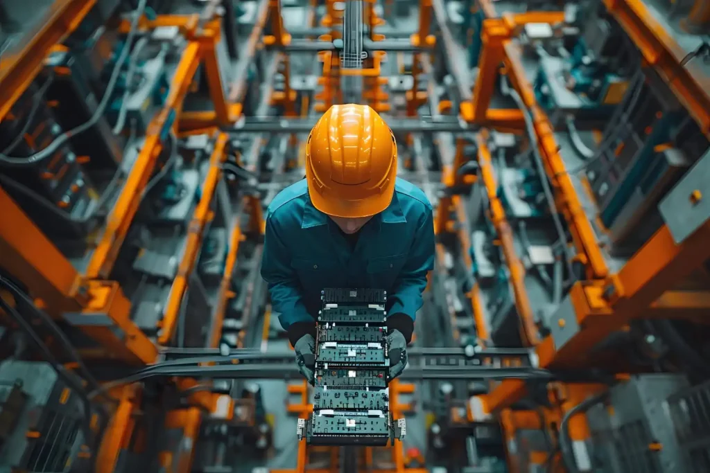 Funcionário trabalhando com equipamentos industriais automatizados para aumentar a produtividade da operação industrial.