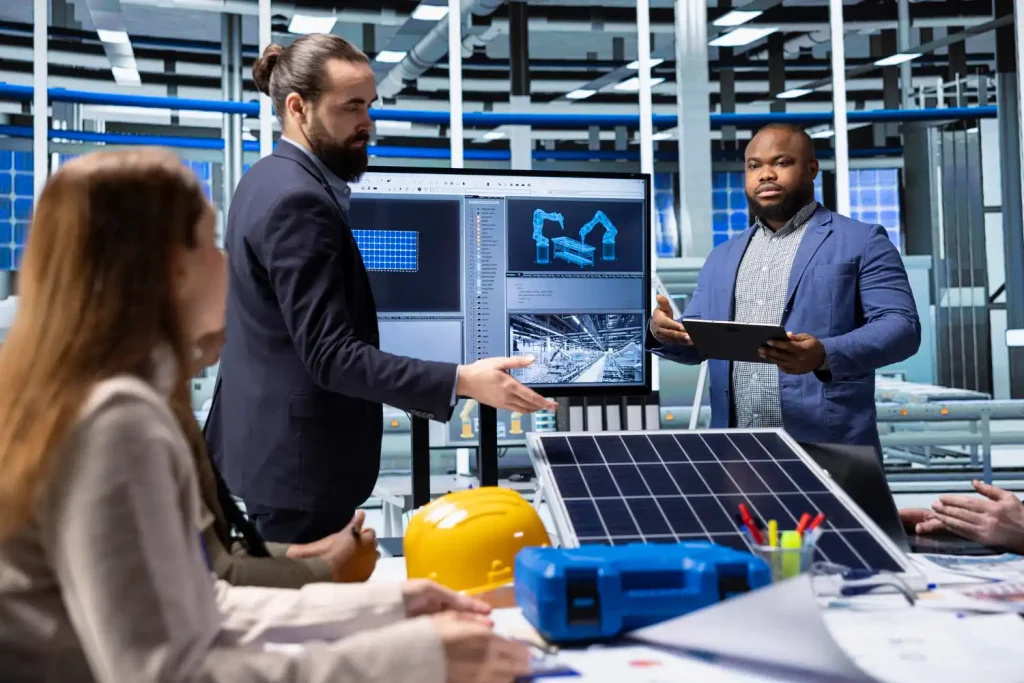 Profissionais discutindo eficiência energética em equipamentos industriais, com painéis de controle e tecnologia solar, identificando desperdícios no setor industrial.