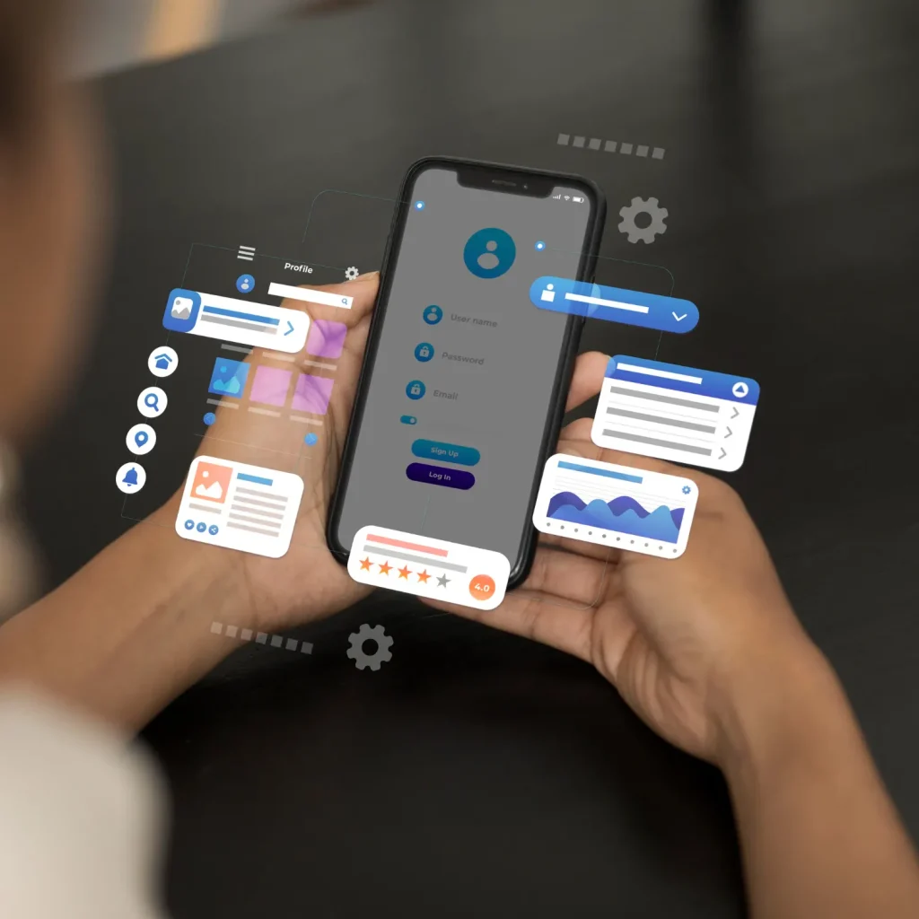 Pessoa usando smartphone com interface de aplicativo e ícones de perfil, notificações e documentos, com elementos gráficos de usabilidade. Ilustra a importância da API de faturamento na UX