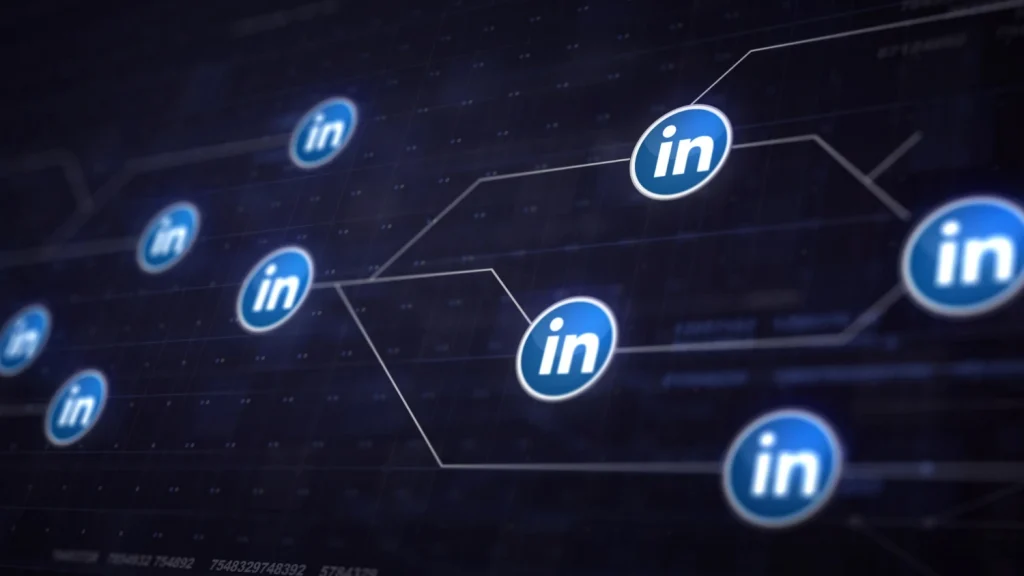 Fundo digital com diversos ícones do LinkedIn (“in”) conectados por linhas e nós, representando networking e estratégia de Social Selling no LinkedIn para gerar negócios e fechar parcerias.