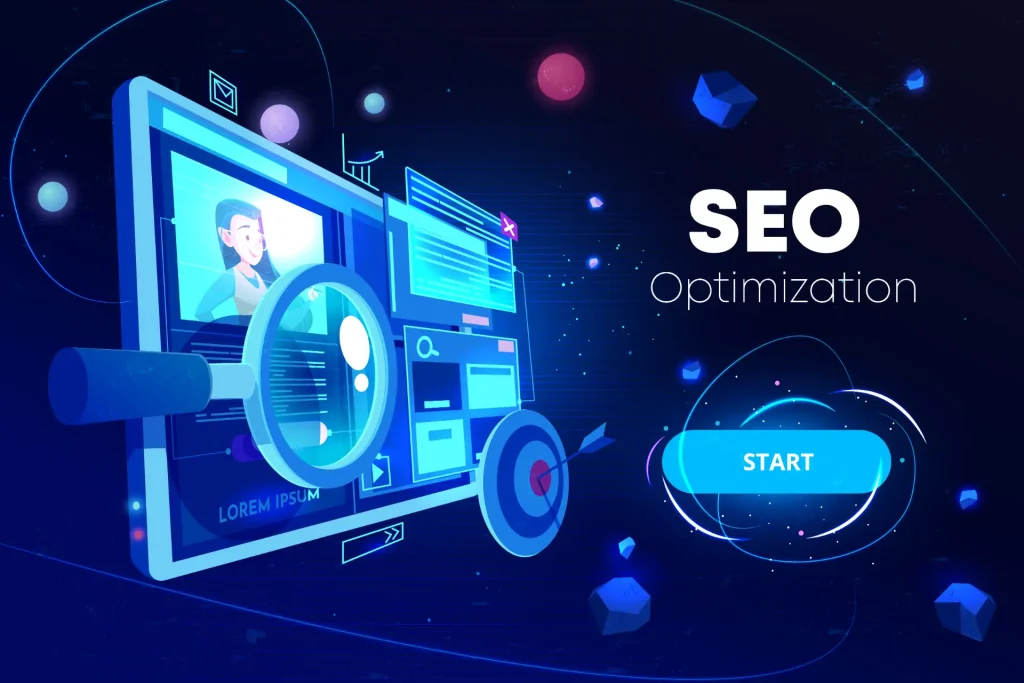 Como a Acessibilidade Melhora o SEO de um Site: Ilustração de SEO Optimization com um painel de tela, ícones de otimização e um botão “START”, em um cenário digital com elementos em azul e roxo.
