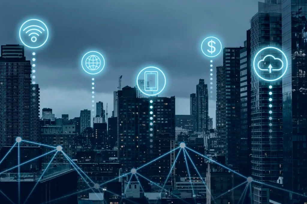 Cidade ao fundo com conexões digitais e ícones holográficos de Wi‑Fi, globo, mensagem e nuvem, representando Como Pessoas com Deficiência Utilizam a Internet no Dia a Dia por meio de tecnologia e acessibilidade online.