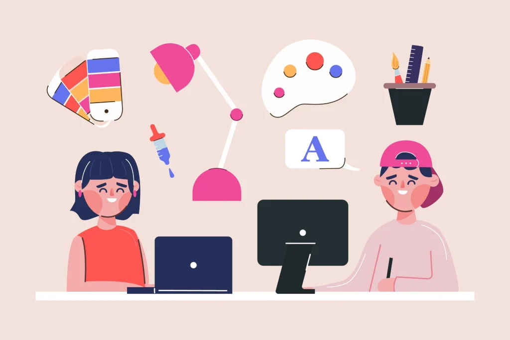Design Inclusivo: Como Criar Interfaces para Todos os Usuários: Ilustração com duas pessoas usando computadores e acessórios de apoio, mostrando comunicação e interação em um cenário de interface digital, com elementos visuais de acessibilidade e inclusão.