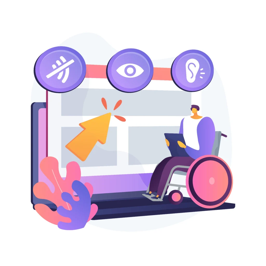 WCAG: Conheça as Principais Diretrizes de Acessibilidade na Web: Ilustração vetorial de uma pessoa em cadeira de rodas observando um ambiente com ícones acima, incluindo acessibilidade, visão e sinalização, em cores roxas e rosa.
