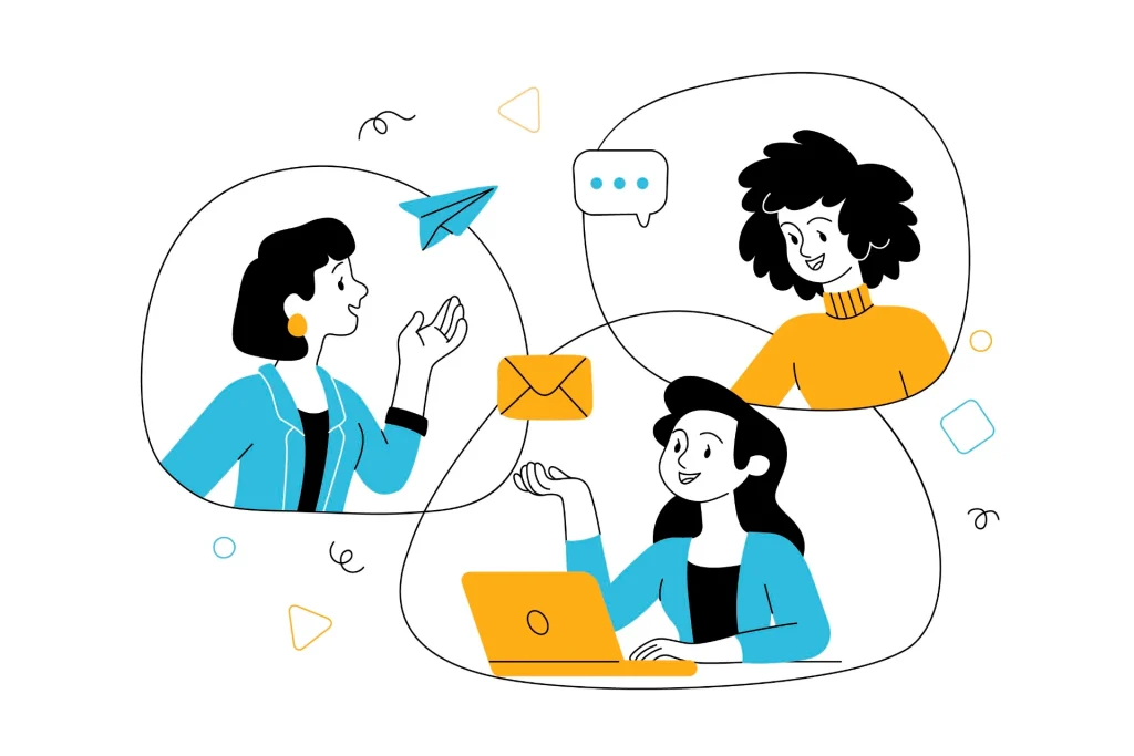 Ilustração com pessoas conversando por mensagens e e-mails em telas, com balões de diálogo e ícones; tema de comunicação e engajamento online para Greenwashing no Marketing: Como Comunicar Sustentabilidade Sem Cair na Armadilha