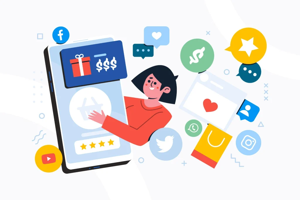 Ilustração com uma pessoa usando um smartphone e vários ícones de redes sociais e compras, representando Social Commerce: Transformando Redes Sociais em Canais de Venda Direta.