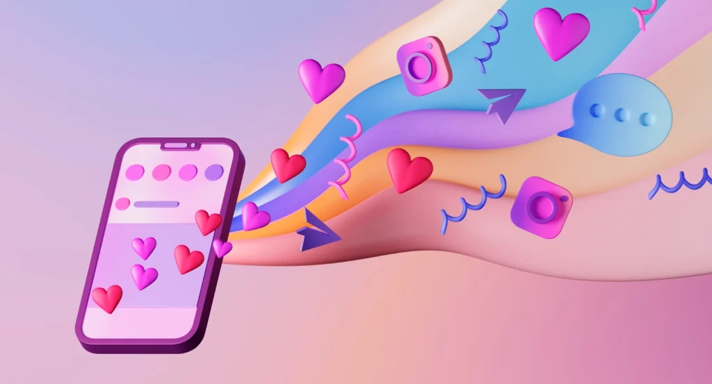 Ilustração colorida de marketing digital com mãos desenhadas segurando um smartphone e ícones de redes sociais com corações, mensagens e likes, simbolizando Marketing de Influência B2B: Tendência que Ganha Força nas Empresas Brasileiras em um cenário criativo e moderno.