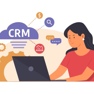Ilustração de uma mulher utilizando um laptop com elementos representando CRM, critérios essenciais para escolher o CRM certo para sua empresa.