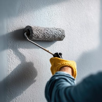Artisan peintre appliquant de la peinture blanche sur un mur avec rouleau