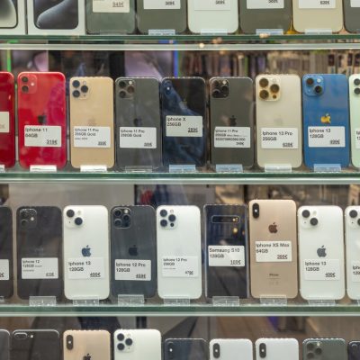Wiesbaden, Germany - May 25, 2024: used mobile phones adn handys in the shop window for sale.