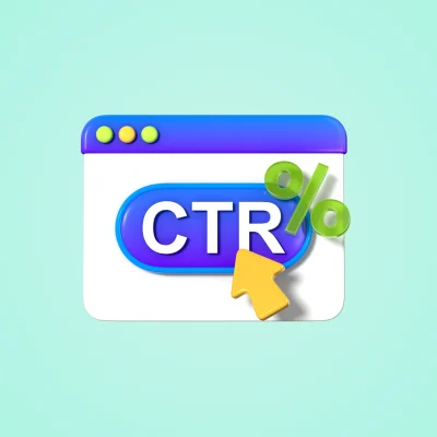Ícone de CTR em um navegador com botão de cursor apontando, sugerindo queda de desempenho em anúncios: AI Overviews podem reduzir o CTR orgânico em até 58% em alguns segmentos.