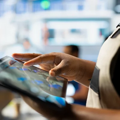 Pessoa usando tablet em ambiente de fábrica ou centro de produção, ilustrando análise de dados para melhorar o OEE (Eficiência Global dos Equipamentos) com foco em medir, interpretar e agir nos resultados.