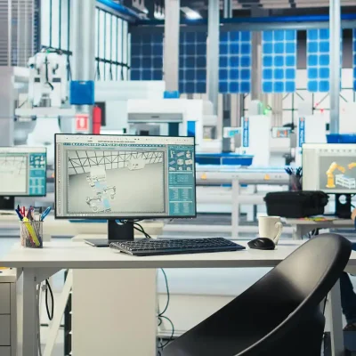 Ambiente de automação industrial com computadores e engenheiro analisando equipamentos antigos e novos para decidir substituição eficaz.