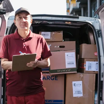 Homem fazendo avaliação de fornecedores ao verificar caixas em uma entrega, essencial para qualificação eficiente de fornecedores.