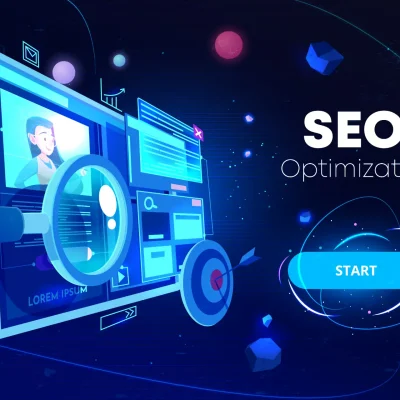 Como a Acessibilidade Melhora o SEO de um Site: Ilustração de SEO Optimization com um painel de tela, ícones de otimização e um botão “START”, em um cenário digital com elementos em azul e roxo.
