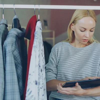 Loja de roupas com uma mulher usando um software de gestão de estoque para evitar rupturas de estoque e melhorar o varejo.