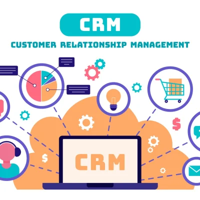 Ilustração de como integrar CRM com WhatsApp, Email Marketing e Redes Sociais, destacando estratégias de relacionamento com clientes, fluxo de marketing digital e automações em um ambiente visual colorido.