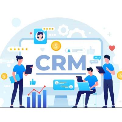 Ilustração de profissionais usando CRM em diferentes dispositivos, destacando diferenças entre CRM para pequenas e grandes empresas e sua importância na gestão de clientes.