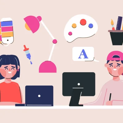 Design Inclusivo: Como Criar Interfaces para Todos os Usuários: Ilustração com duas pessoas usando computadores e acessórios de apoio, mostrando comunicação e interação em um cenário de interface digital, com elementos visuais de acessibilidade e inclusão.