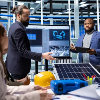 Profissionais discutindo eficiência energética em equipamentos industriais, com painéis de controle e tecnologia solar, identificando desperdícios no setor industrial.