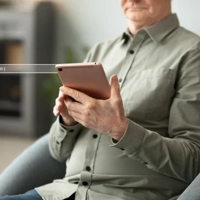 GEO na Prática: Como Adaptar Conteúdo Para Ser Citado por IA Generativa, Não Só Rankeado no Google: Homem sentado em um sofá usando um tablet em ambiente interno, com foco em tecnologia e busca online; imagem transmite adaptação de conteúdo para ser citado por IA generativa.