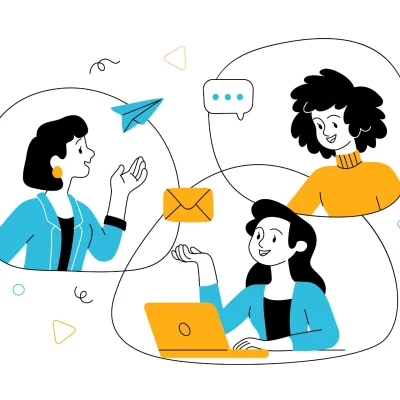 Ilustração com pessoas conversando por mensagens e e-mails em telas, com balões de diálogo e ícones; tema de comunicação e engajamento online para Greenwashing no Marketing: Como Comunicar Sustentabilidade Sem Cair na Armadilha