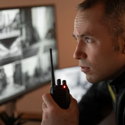 Homem usando rádio comunicador enquanto monitora imagens de segurança, destacando a importância de dispositivos de proteção contra surtos para segurança elétrica.