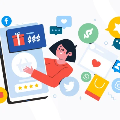 Ilustração com uma pessoa usando um smartphone e vários ícones de redes sociais e compras, representando Social Commerce: Transformando Redes Sociais em Canais de Venda Direta.
