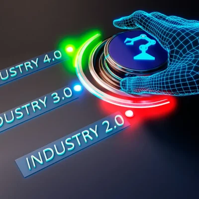 Ilustração representando a evolução da Indústria com as tecnologias 2.0, 3.0 e 4.0, destacando as inovações tecnológicas que geram ROI na Indústria 4.0 na prática.
