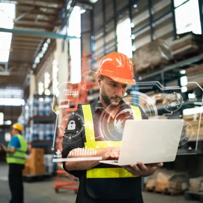 Gerente em armazém aplicando princípios de Lean Manufacturing além do chão de fábrica, utilizando tecnologia digital para otimizar processos administrativos.