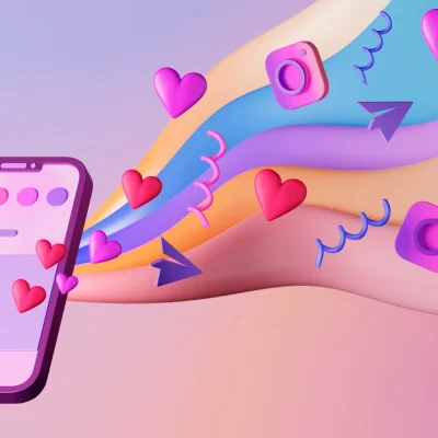 Ilustração colorida de marketing digital com mãos desenhadas segurando um smartphone e ícones de redes sociais com corações, mensagens e likes, simbolizando Marketing de Influência B2B: Tendência que Ganha Força nas Empresas Brasileiras em um cenário criativo e moderno.