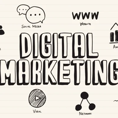 Ilustração de marketing digital em 2026 com elementos como mídia social, website, análise de dados, pesquisa, conteúdo, rede e conteúdo viral, destacando tendências do mercado.