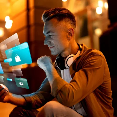 Homem em ambiente interno noturno usando smartphone e ouvindo música com fones, enquanto visual holográfico com ícones de apps aparece ao lado. O Consumidor quer IA, mas não confia nela: Como comunicar tecnologia sem soar invasivo.