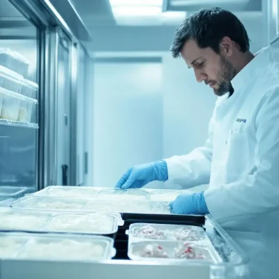 Profissional de segurança alimentícia verificando alimentos em câmara fria industrial, ambiente com temperaturas extremamente baixas que congelam tudo.