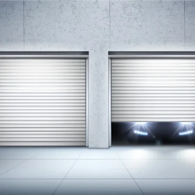 Imagem de dois portões de garagem modernos, sendo um fechado e outro parcialmente aberto com iluminação LED, destacando o que existe por trás de um portão de garagem moderno.