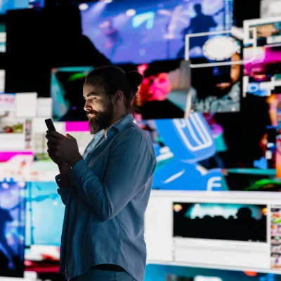 O Renascimento do colecionável físico na era do Digital-First: O Que Isso Diz Sobre a Saturação de Telas: Homem em frente a monitores com gráficos e imagens coloridas, usando o celular em um ambiente de tecnologia e mídia digital, representando a ideia de Digital-First e saturação de telas