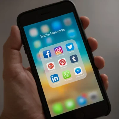 Pessoa segurando um smartphone com o aplicativo de redes sociais aberto, exibindo ícones como LinkedIn, Facebook, Instagram e Twitter, destacando uso para negócios B2B