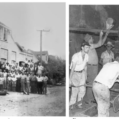 Foto 1: A metalúrgica Riosulense em construção, em 1946. Foto 2 – Fundição antiga, preparo do forno. Hoje com o nome RIO, a empresa é uma das maiores fabricantes de peças automotivas da América Latina.