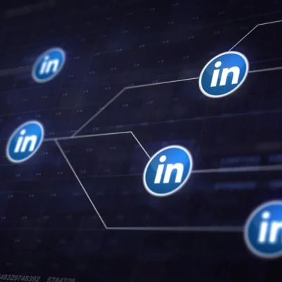 Fundo digital com diversos ícones do LinkedIn (“in”) conectados por linhas e nós, representando networking e estratégia de Social Selling no LinkedIn para gerar negócios e fechar parcerias.