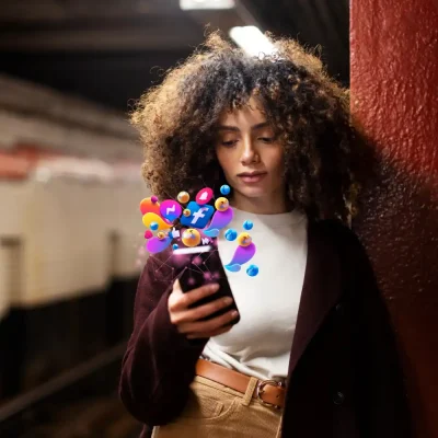 Mulher jovem com cabelo cacheado usando celular, com ícones de redes sociais e emojis representando tendências de conteúdo nas novas atualizações do Instagram